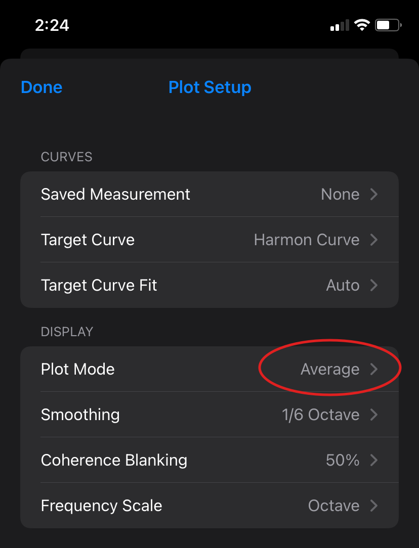 plot setup screen showing average mode plot setup